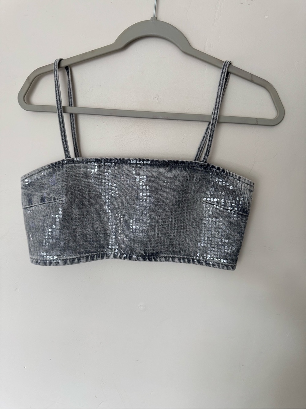 Zara Sparkle Denim Bandeau Crop Top with Double Straps - Silver